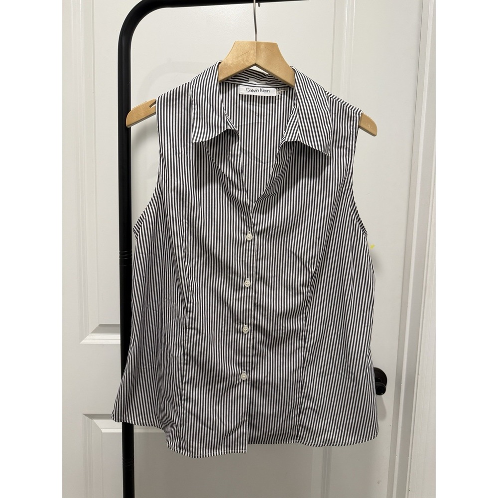 Calvin Klein Sleeveless Collared Striped Blouse Women's Size 14 Classic Non-Iron